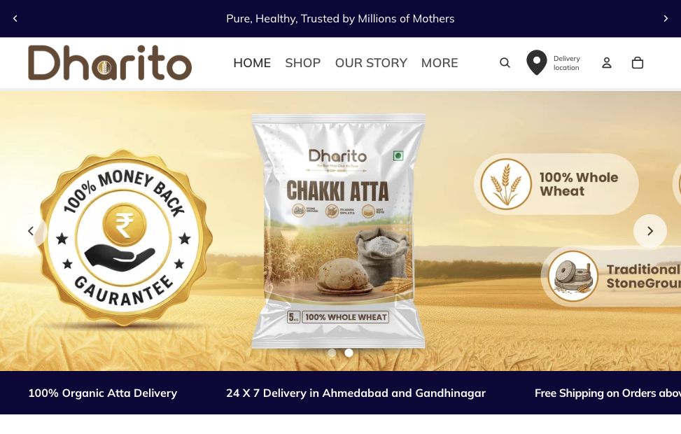 Dharito homepage showing its logo and Chakki Atta product banner