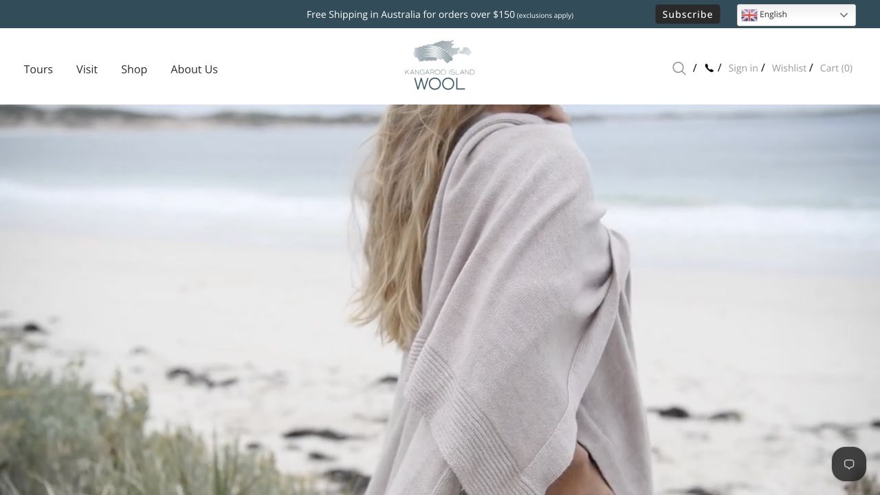 Kangaroo Island Wool homepage featuring its merino wool brand and island story