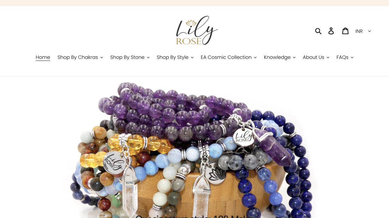 Lily Rose Jewelry Co homepage showing its logo and gemstone mala jewelry