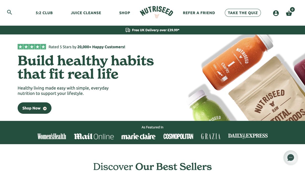 Nutriseed homepage with its nutrition products and healthy habits banner